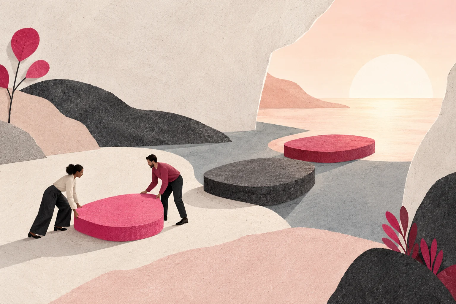 Two people place a small pink stepping stone, building a practical path forward together.